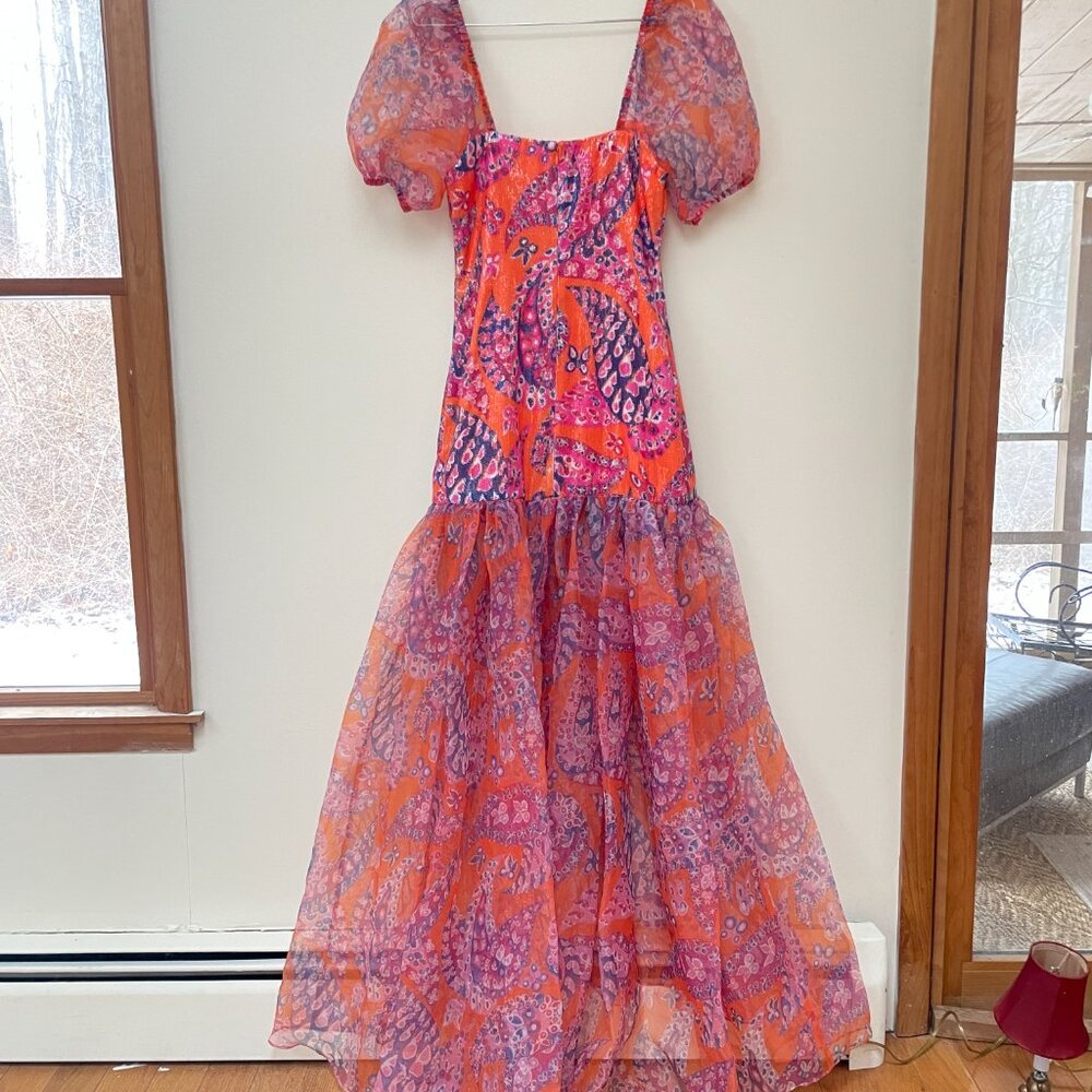 STAUD Wilde Gown - MONARCH PAISLEY - Size 6 - Orange Pink Sequin Sheer FORMAL - Picture 7 of 12